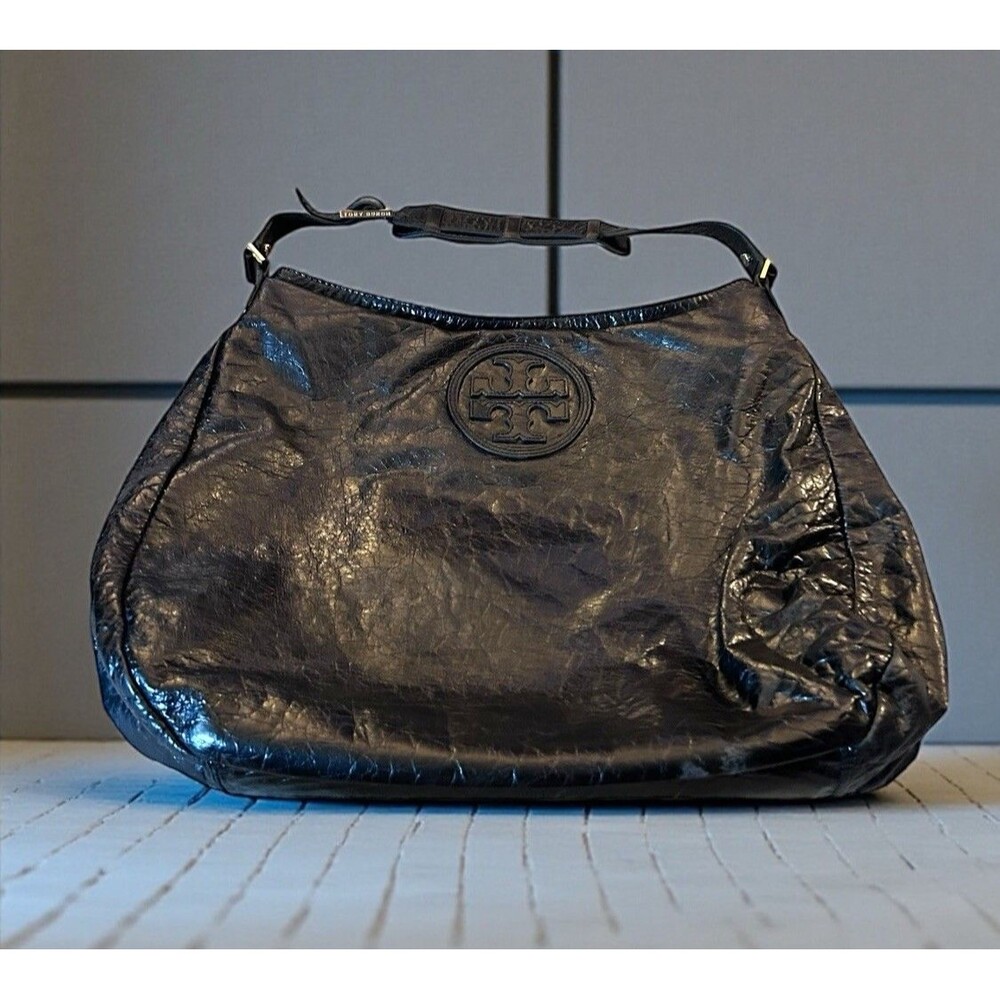Tory Burch Black Glazed Distressed Leather Shoulder Tote Hobo Bag Gold Trim - Picture 1 of 14